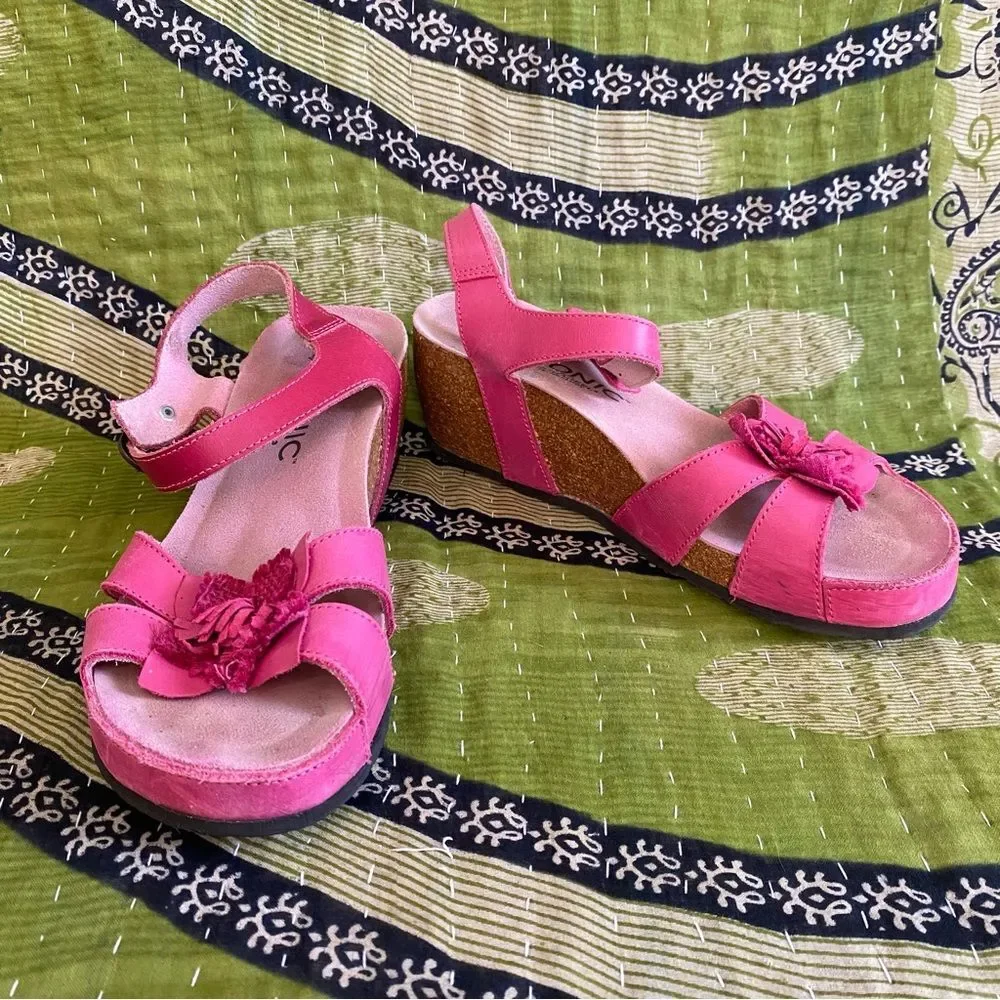 Vionic Pink Orthaheel Floral Strappy Leather Cork Wedge Heeled Sandals Size 7